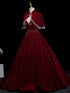 Wine Red Velvet V-neckline Long Party Dress Evening Dress, Wine Red Velvet Prom Dress